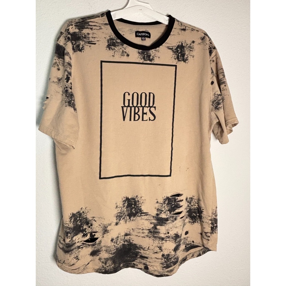 Carbon Good Vibes Graphic T Shirt Mens 2XL Beige Black Bleach Splatter Effect